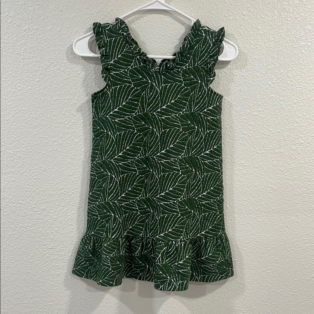 Green Leaf Print Dress with Ruffle Hem